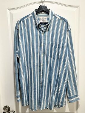 Classic 100% Cotton John Ashford Sport Blue Striped Button-Up Shirt, Size Large